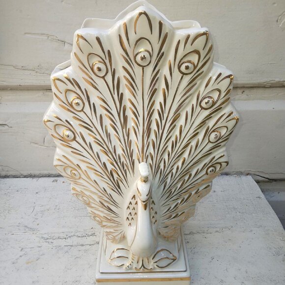 Stunning 24K Gold Gilded LusterGlazed Porcelain Hollywood Regency Peacock Vase - Picture 2 of 12